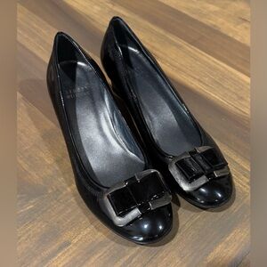 Stuart Weitzman Heels 7M Black Patent Leather Wedge Silver Bow Office Career
